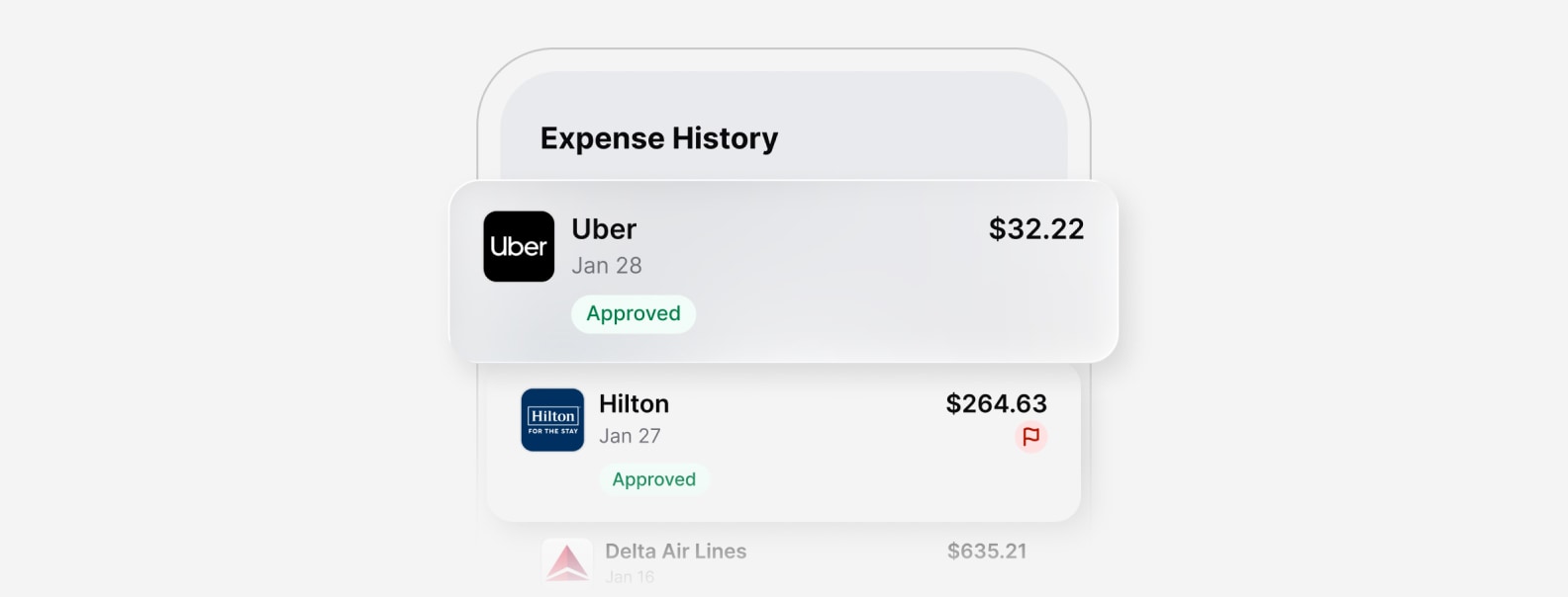 Recent charges and available spend are visible on the card, so employees can understand status and stay within limits without checking multiple tools.