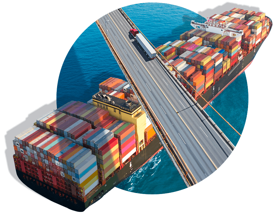 An ecosystem of complementary tools centered around a barge loaded with colorful shipping containers