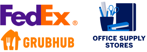 Logos for FedEx, Grubhub and U.S. Office Supply Stores