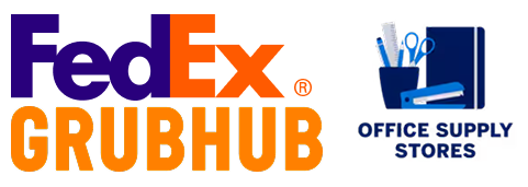 Logos for FedEx, Grubhub and U.S. Office Supply Stores