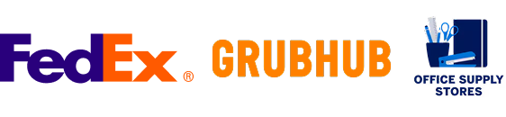 Logos for FedEx, Grubhub and U.S. Office Supply Stores