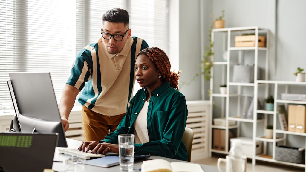 Two colleagues work together on a computer