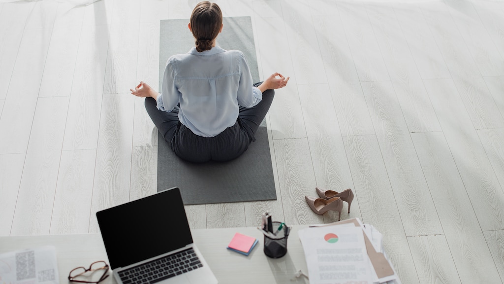 Frau mit braunen Haaren sitzt mit dem Rücken zur Kamera im Schneidersitz auf einer Yoga-Matte und meditiert
