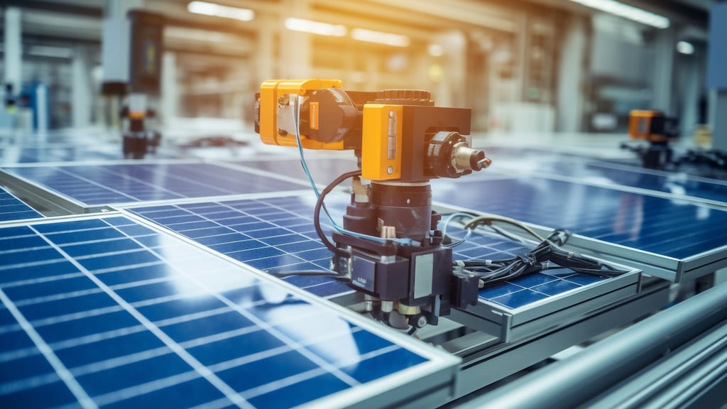 Automatisierte Maschine arbeitet an Solarpanelen in einer Produktionsanlage für erneuerbare Energien. 