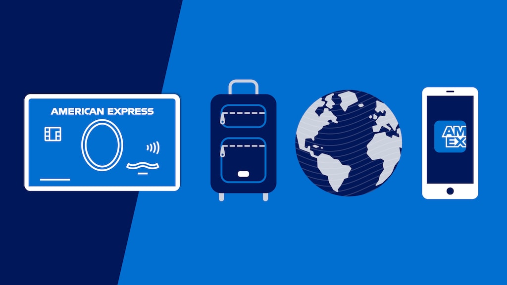 Illustration, die American Express Karte, Trolly, Globus und ein Smartphone nebeneinander zeigt.