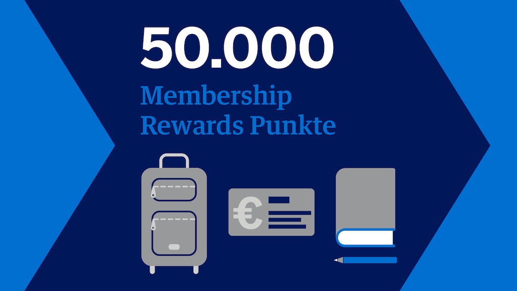 Illustration mit dem Schriftzug "50.000 Membership Rewards Punkte" und nebeneinander stehenden Symbolen eines Koffers, eines Gutscheins und eines Notizbuchs.
