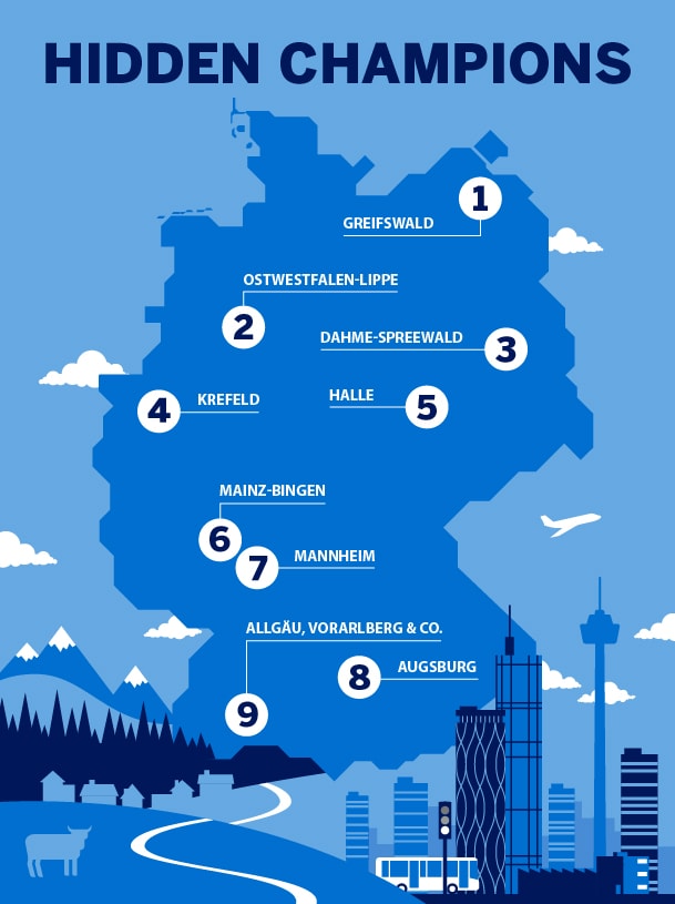 Illustrierte Deutschlandkarte, in der verschiedene Regionen gekennzeichnet sind.