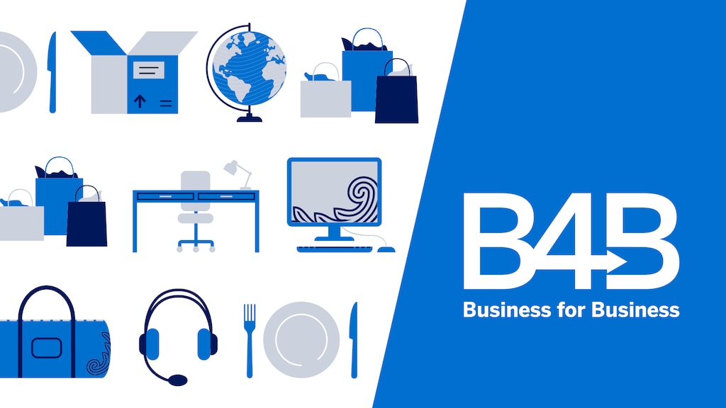 Illustration, die verschiedene Branchen abbildet inklusive B4B Marketplace-Logo. 