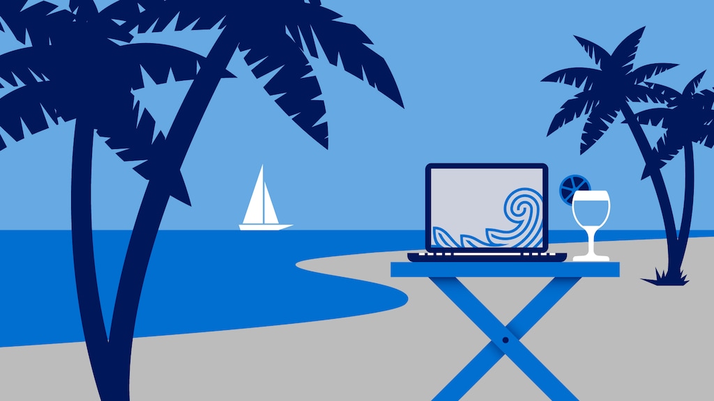 Ein aufgeklappter Laptop vor einem Strand voller Palmen 