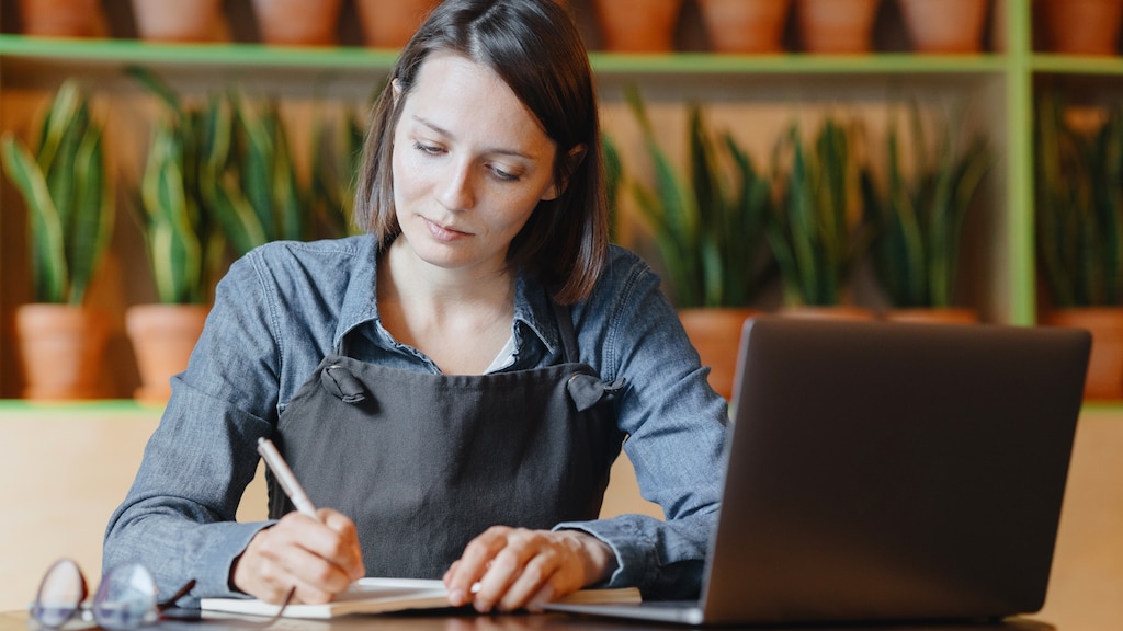Eine Frau arbeitet an einem Laptop und macht sich Notizen für eine Umsatzprognose in einem Notizbuch. 