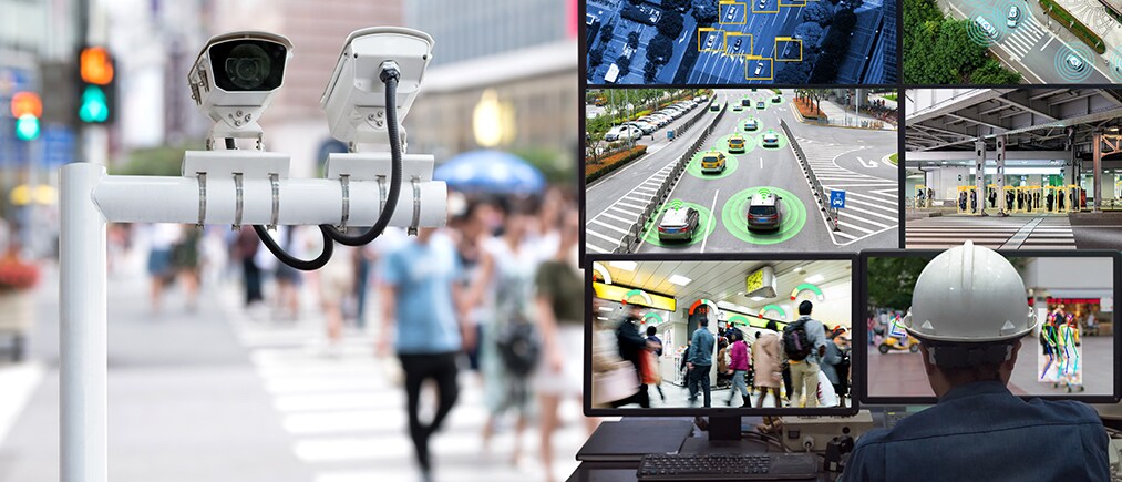 Machine Learning analytics identify person technology in smart city , Artificial intelligence ,Big data , iot concept. Engineer monitoring cctv , security camera and face recognition people  traffic.