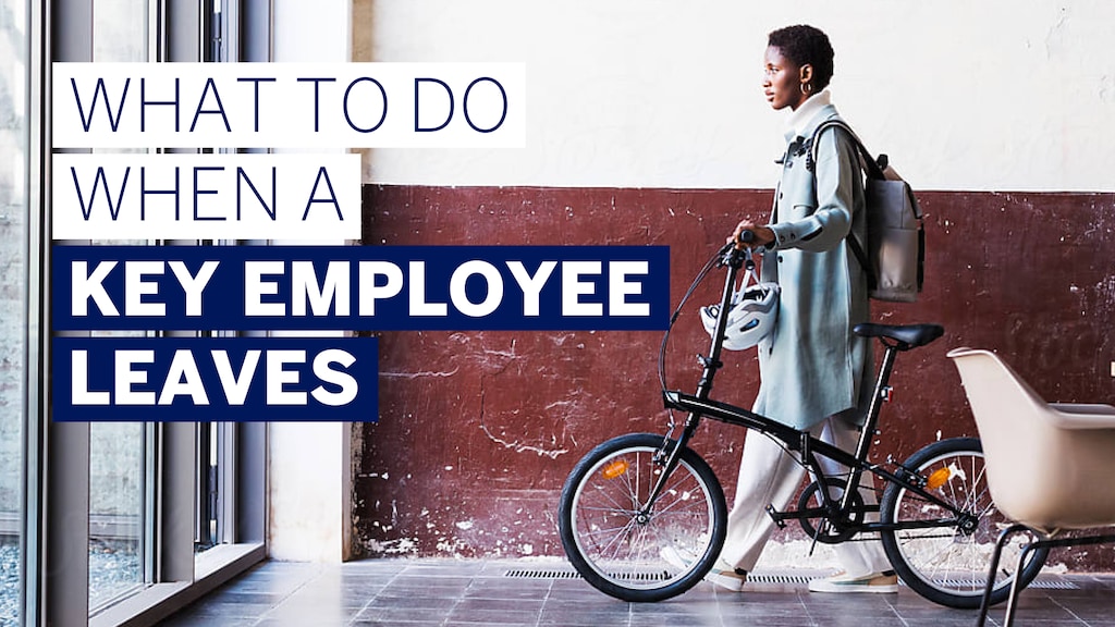 A young woman stands next to a bicycle, alongside the title, 'What to do when a key employee leaves' 