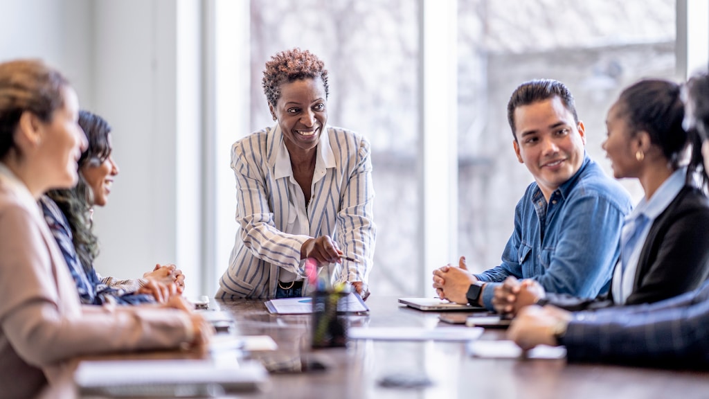 A small group of business professionals sit around a table as they meet to brainstorm some ideas for the future of the company. They are each dressed professionally and have papers scattered out in front of them as they work together. The focus is on a woman of African decent who is pitching an idea to the group.