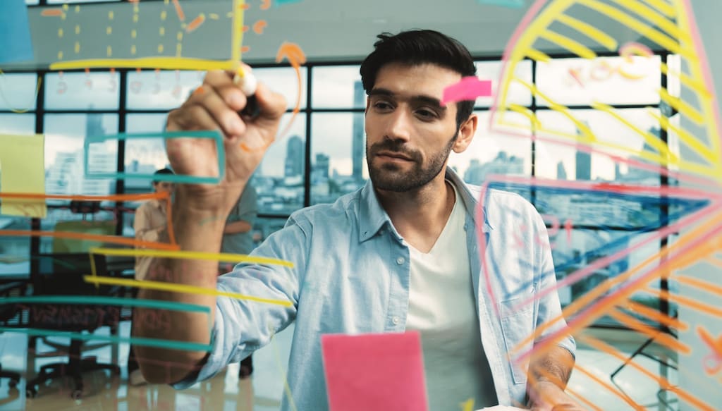Person brainstorming with colored markers on a glass wall
