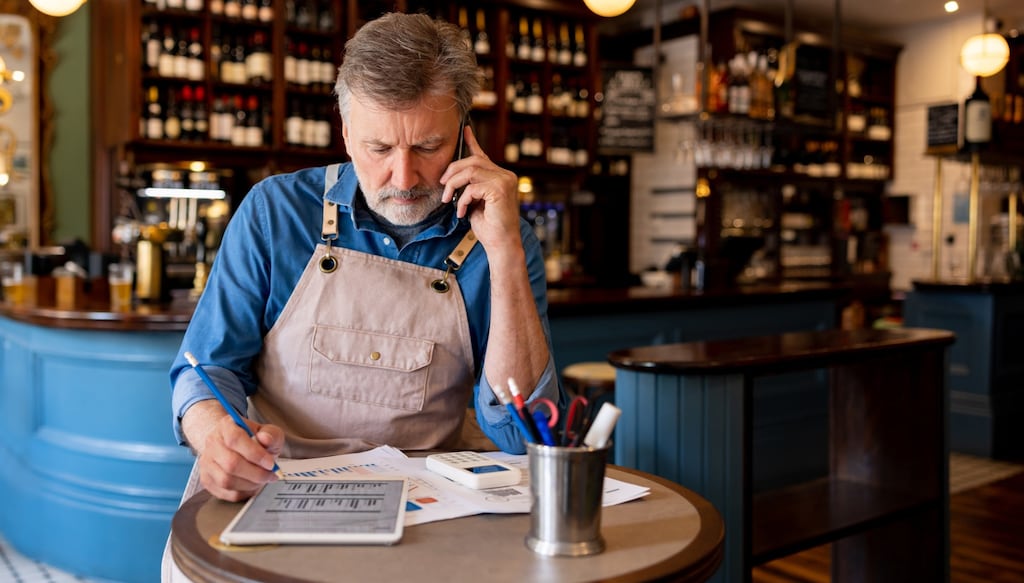 business owner working on financials in his bar