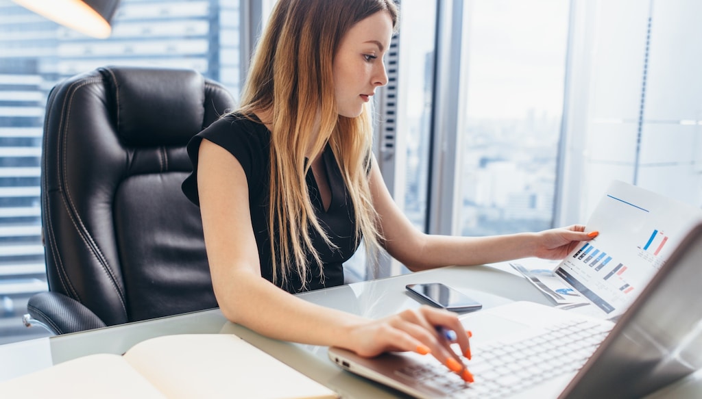 woman checking financial data