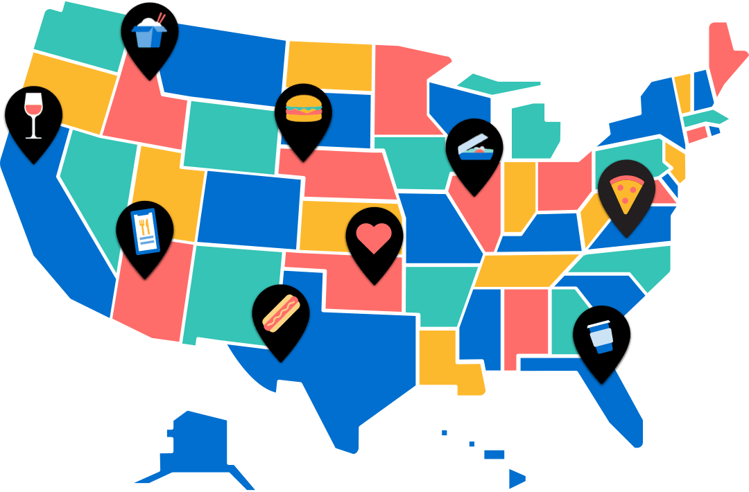 USA Map image with pinpoints througout the map containing stickers that display food items such as a hot dog, a pizza and a wine glass