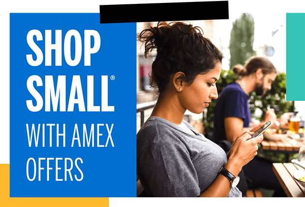 A women on their phone inside a cafe with the text, Shop Small® with Amex Offers