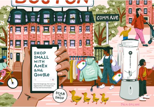mural illustration showing a city street with a variety of small business products