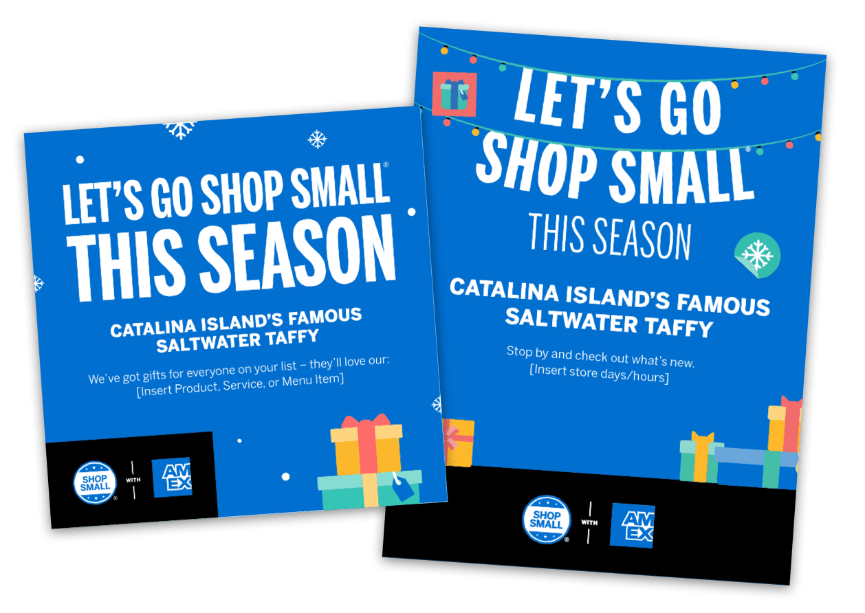 Graphic illustrations of social post and poster with Shop Small by Amex logo, gift boxes and holiday lights.