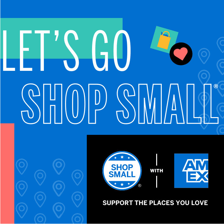 Graphic illustration with various shopping icon, map pins and color blocks with the text, Let's Go Shop Small®